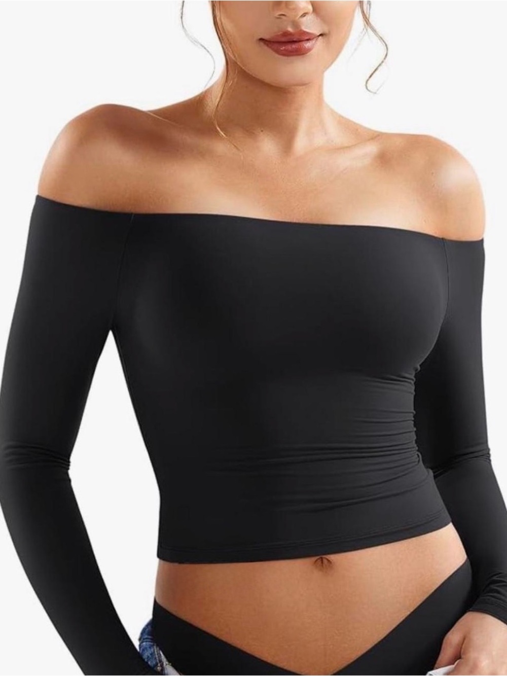 Aerie Smoothez Off-The-Shoulder Cropped Long Sleeve in Black
